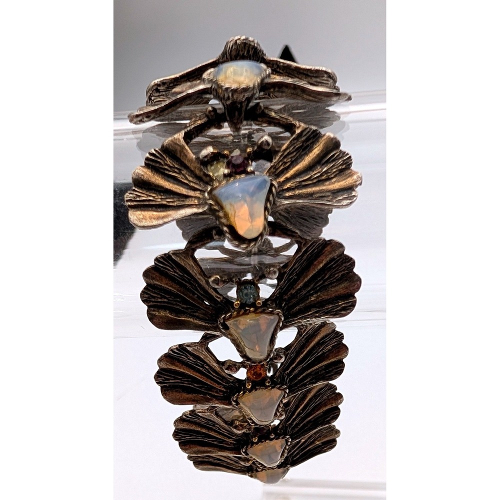 Vintage Style Ginkgo Leaf Link Bracelet Faux Opal Rhinestone Bronze Tone 7.5in